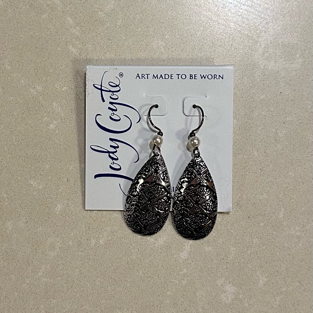 Jody Coyote Intricate Silver Teardrop Earrings